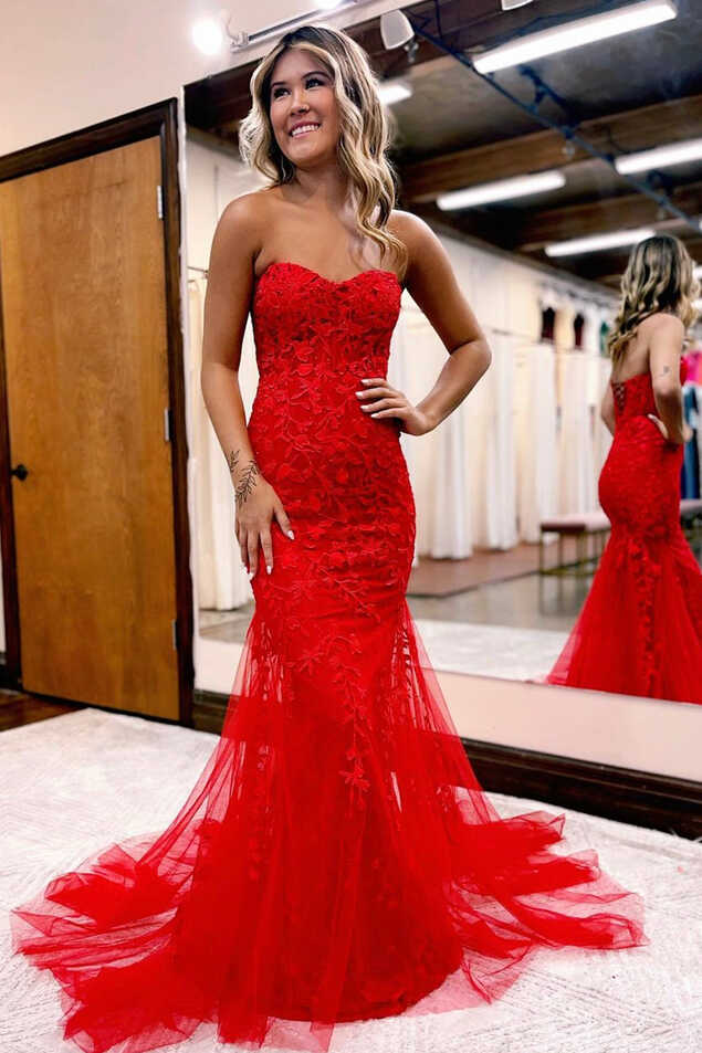 Red Strapless Lace Long Prom Dress, Mermaid Evening Party Dress