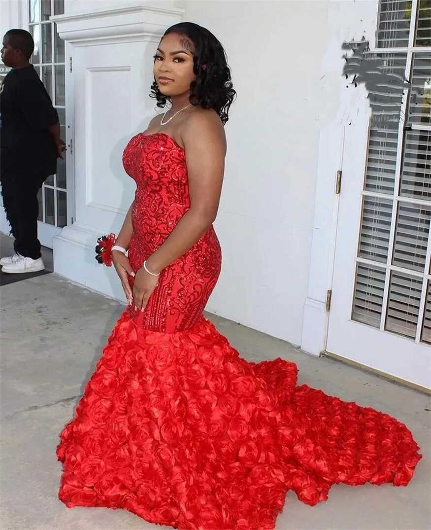 Red Strapless Mermaid Prom Dresses 2022 Red With Ruffles For Black ...