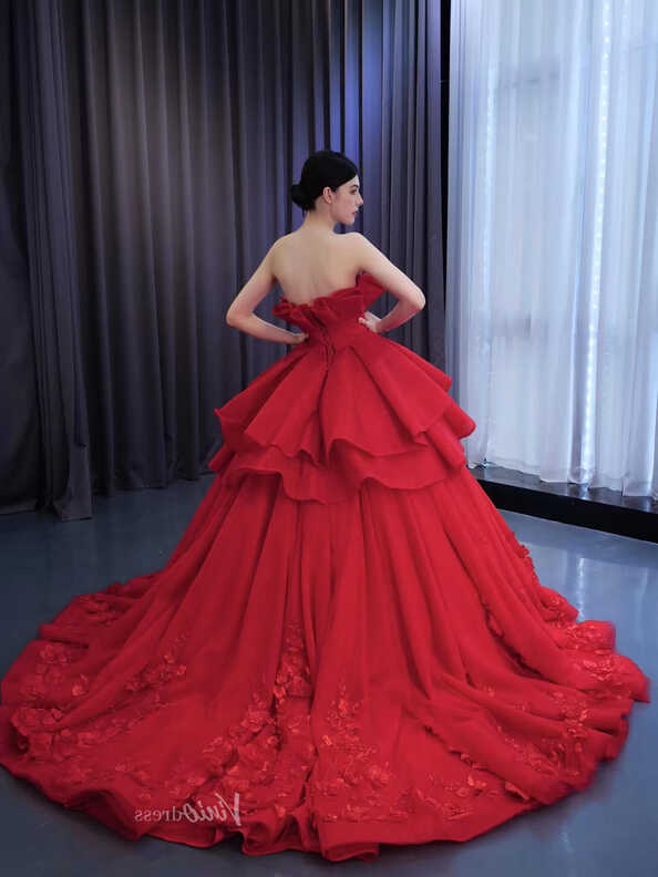 Red Strapless Sweet 16 Ball Gowns Ruffled Wedding Dresses with ...