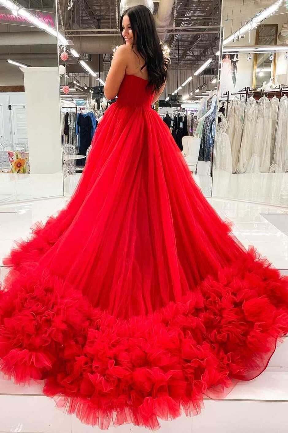 Red Sweetheart A-Line Long Prom Gown with Ruffles – Dreamdressy