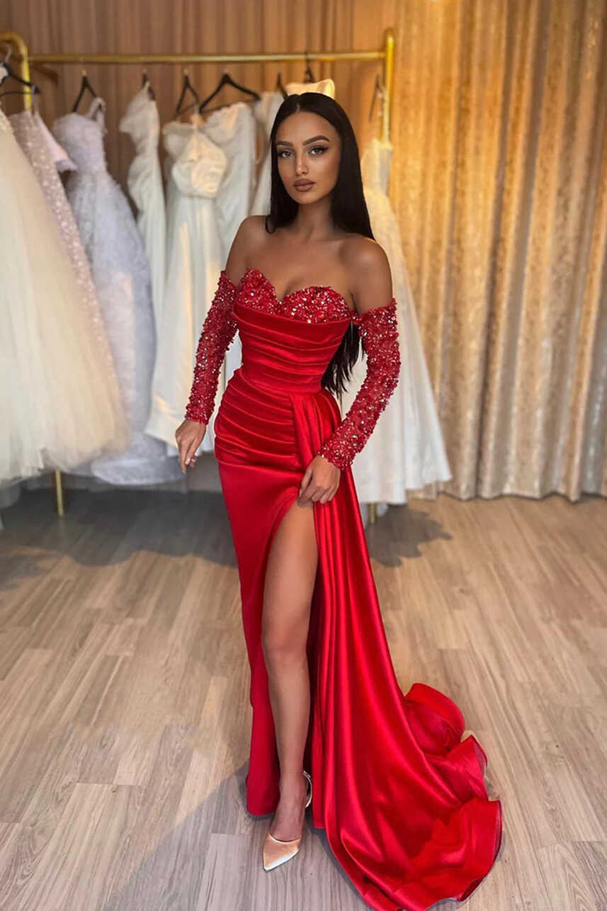 Red Sweetheart Satin Sequins Prom Dress, Red Long Sleeve Evening Party