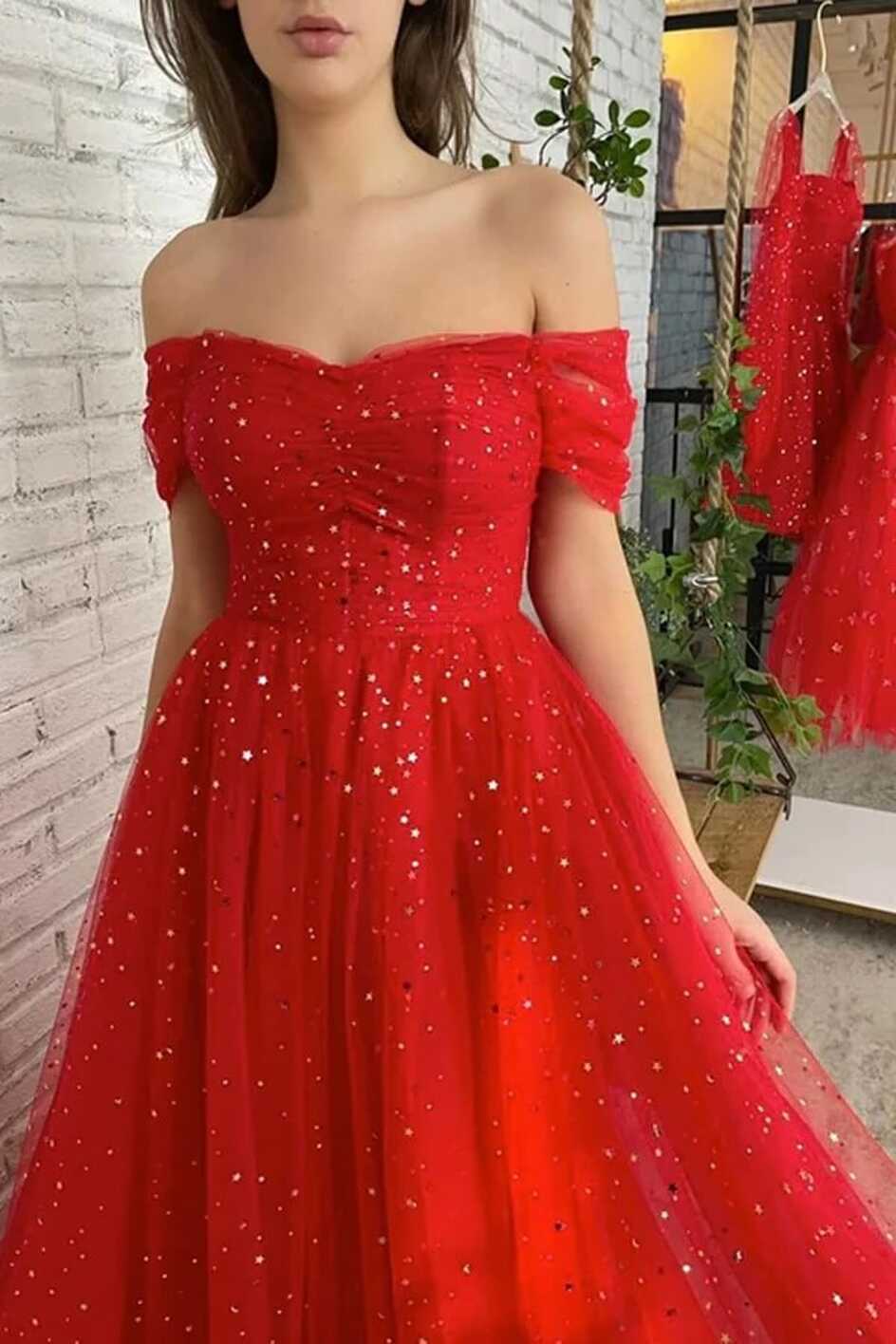 Red Tulle A Line Off-the-Shoulder Simple Prom Dresses PL559 | Promnova