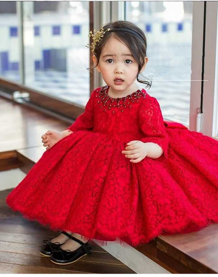 Red Tulle Baby Girl Dress Long Sleeve Baptism Dress For Girls 1st ...