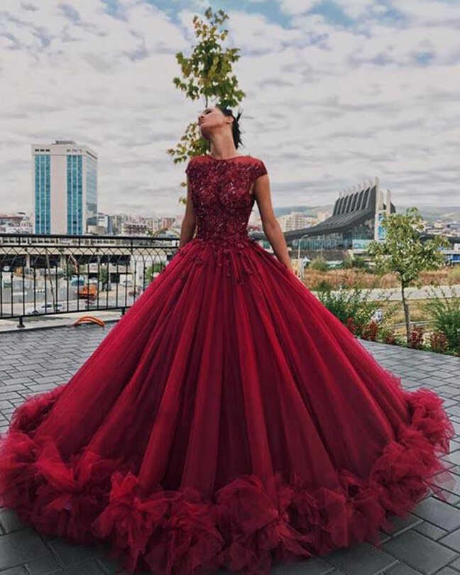 Red Tulle Ball Gown Prom Dress With Appliques, Sweet 16 Dress ...