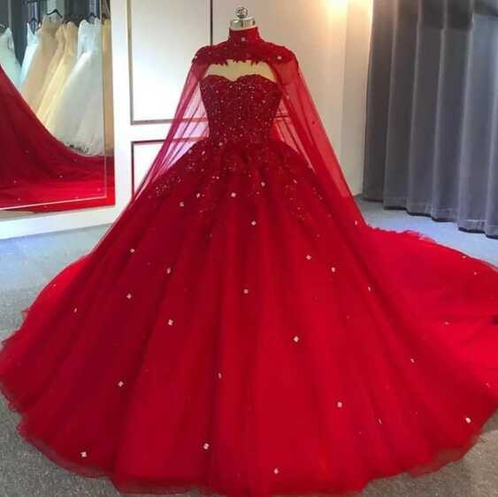 Red Tulle Beaded Lace Red Gown For Wedding With Long Cape Perfect ...