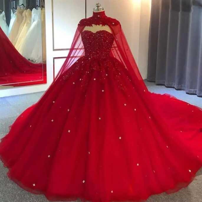 Red Tulle Beaded Lace Red Gown For Wedding With Long Cape Puffy ...