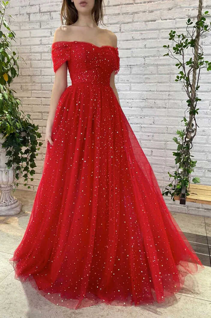 Red Tulle Off-the-Shoulder Long Prom Dresses, MP718 | Musebridals