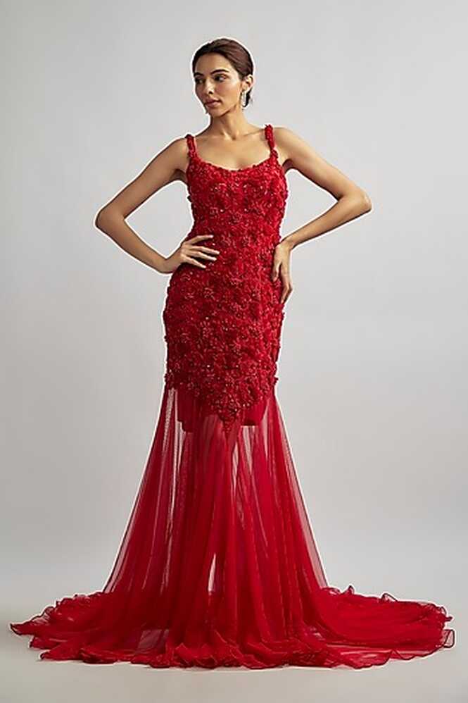 Red Tulle Pearl &amp; Glass Bead Embellished Bodycon Gown Design by ...