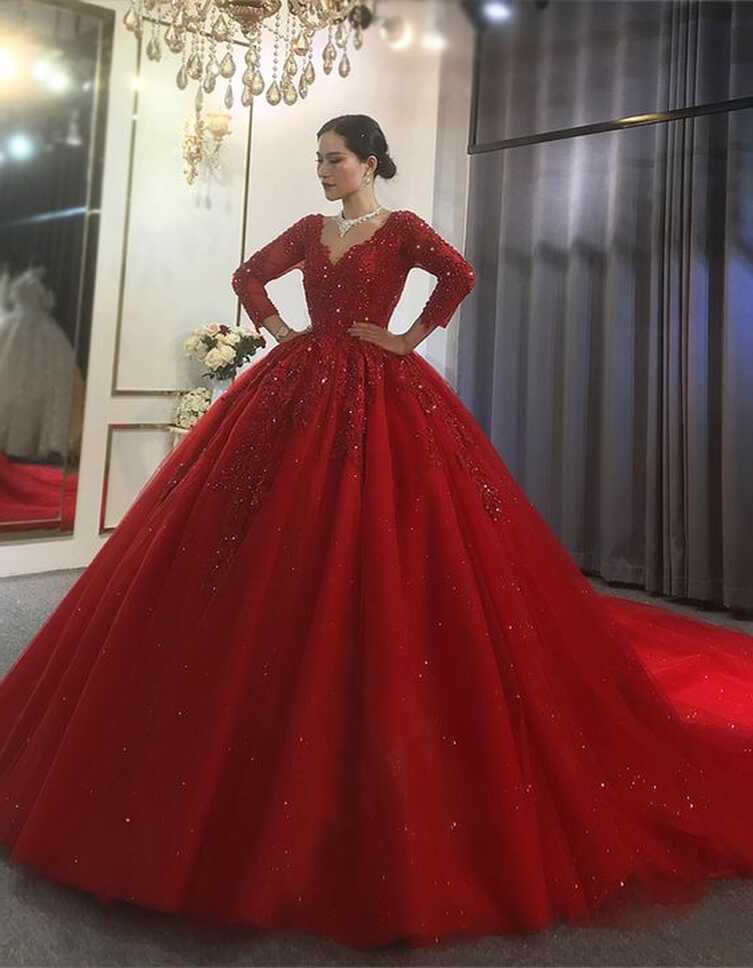 Red Tulle V-neck Long Sleeve Appliques Beading Wedding Dress Ball ...