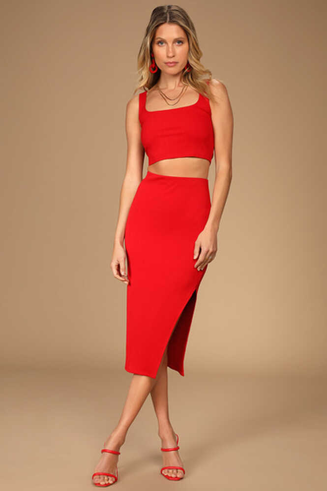 Red Two-Piece Dress - Ribbed Bodycon 2-Piece Dress - Dress Set - Lulus