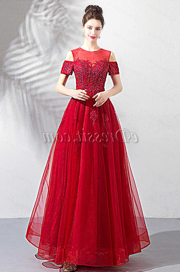 Red Unique Neck OFF Shoulder Tulle Party Dress (36203802) - eDressit