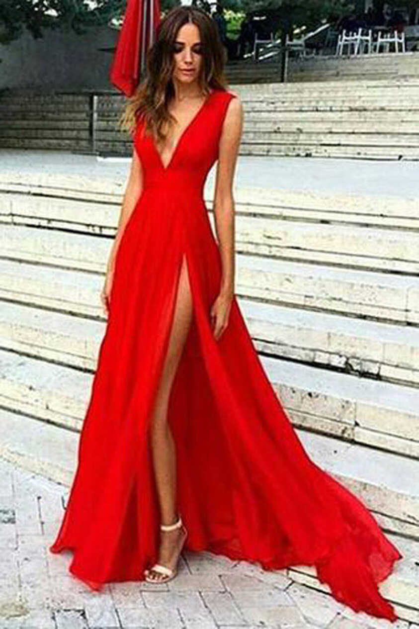 Red V Neck Chiffon Split Long Prom Dresses, Evening Dresses – Promnova