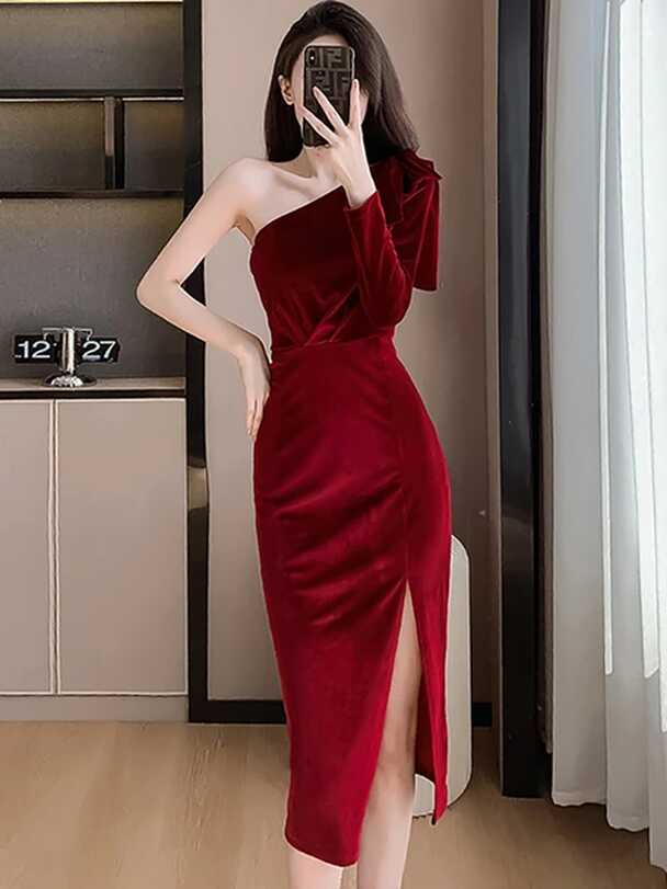 Red Velvet Gala Dresses Woman Autumn Winter Long Sleeve Elegant ...