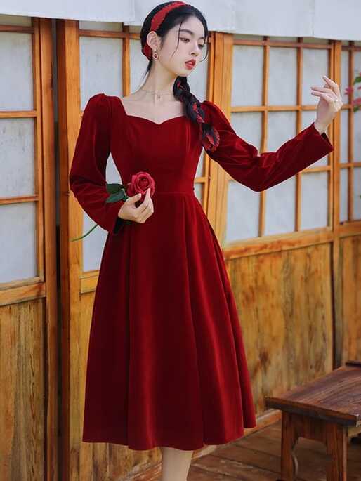 Red Velvet Party Dress For Women Autumn Elegant Long Sleeve Female ...