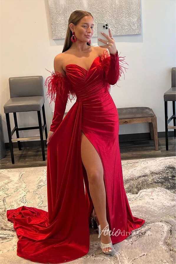 Red Velvet Prom Dress Long Sleeve Feather Formal Dresses FD2950L ...