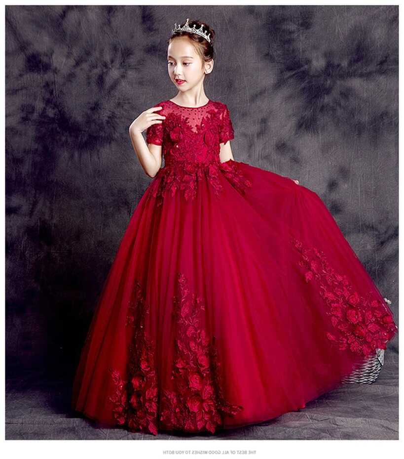 Red Wedding Dress Girls Kids | Flower Girl Dresses Wine Red - Red ...