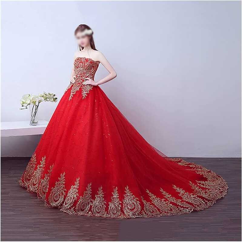 Red Wedding Dress with tail Ball Gown Lace Style Embroidery Bridal ...