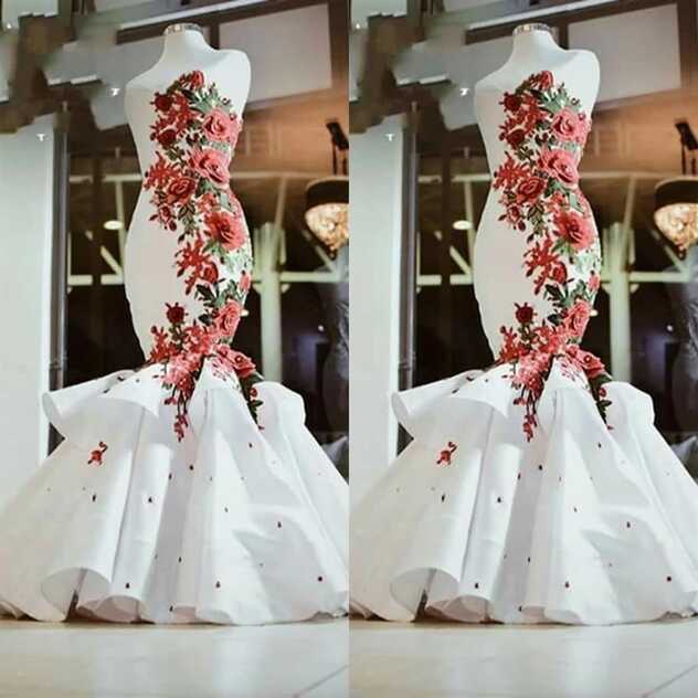 Red and White 3D Floral Flowers Mermaid Wedding Dress lace-up ...