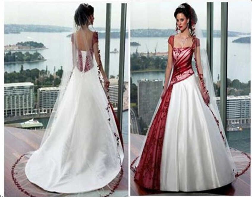 Red and white wedding dress with cap sleeves.