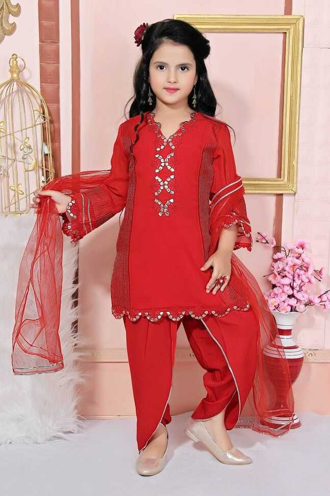 Red embroidered faux georgette kids salwar suits - NIKHAAR ...