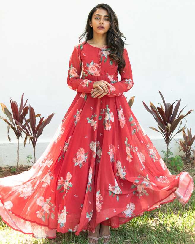 Red floral georgette dress by Athira Designs | The Secret Label