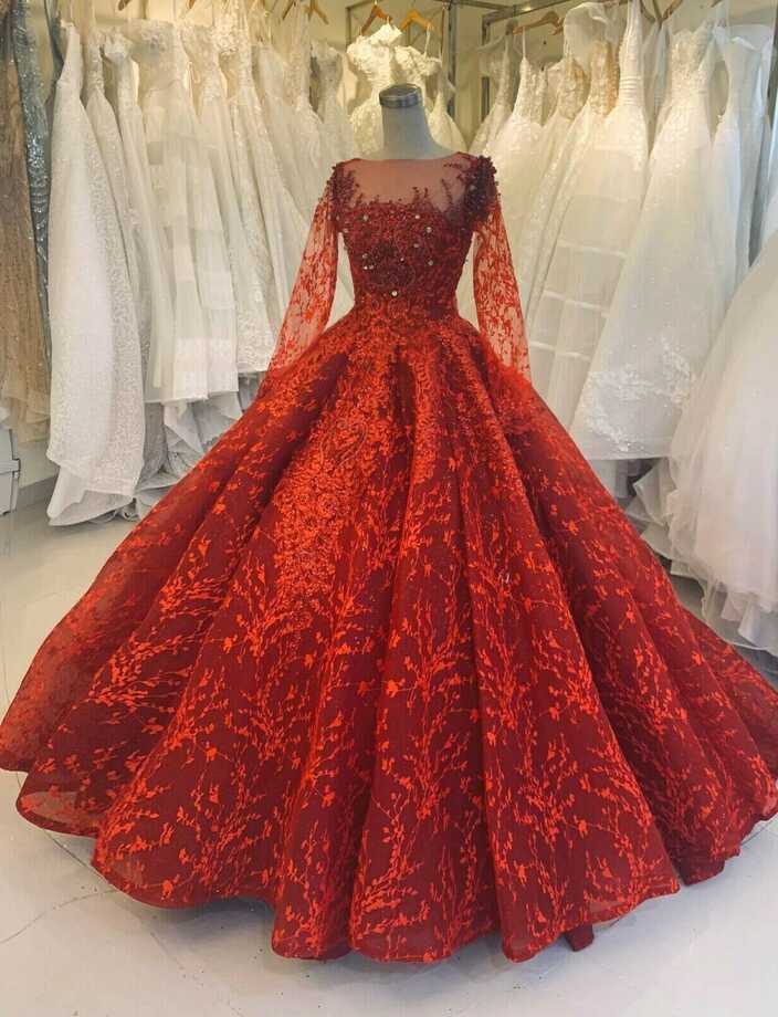 Red or white lace applique long sleeves ball gown wedding/prom ...