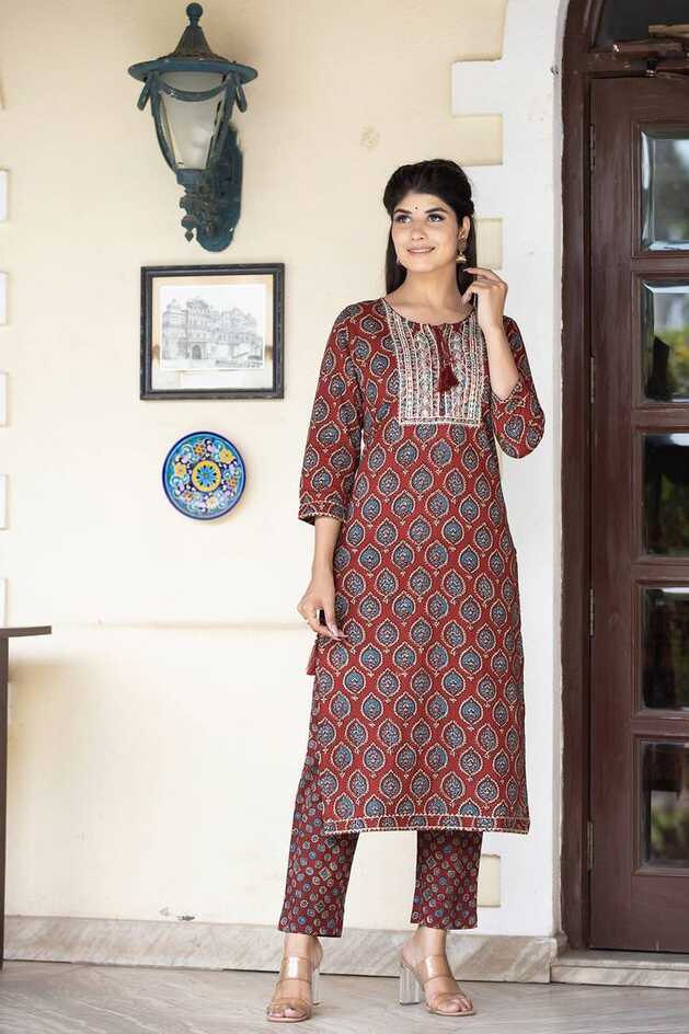 Red printed cotton long-kurtis - KAAJH - 4153004