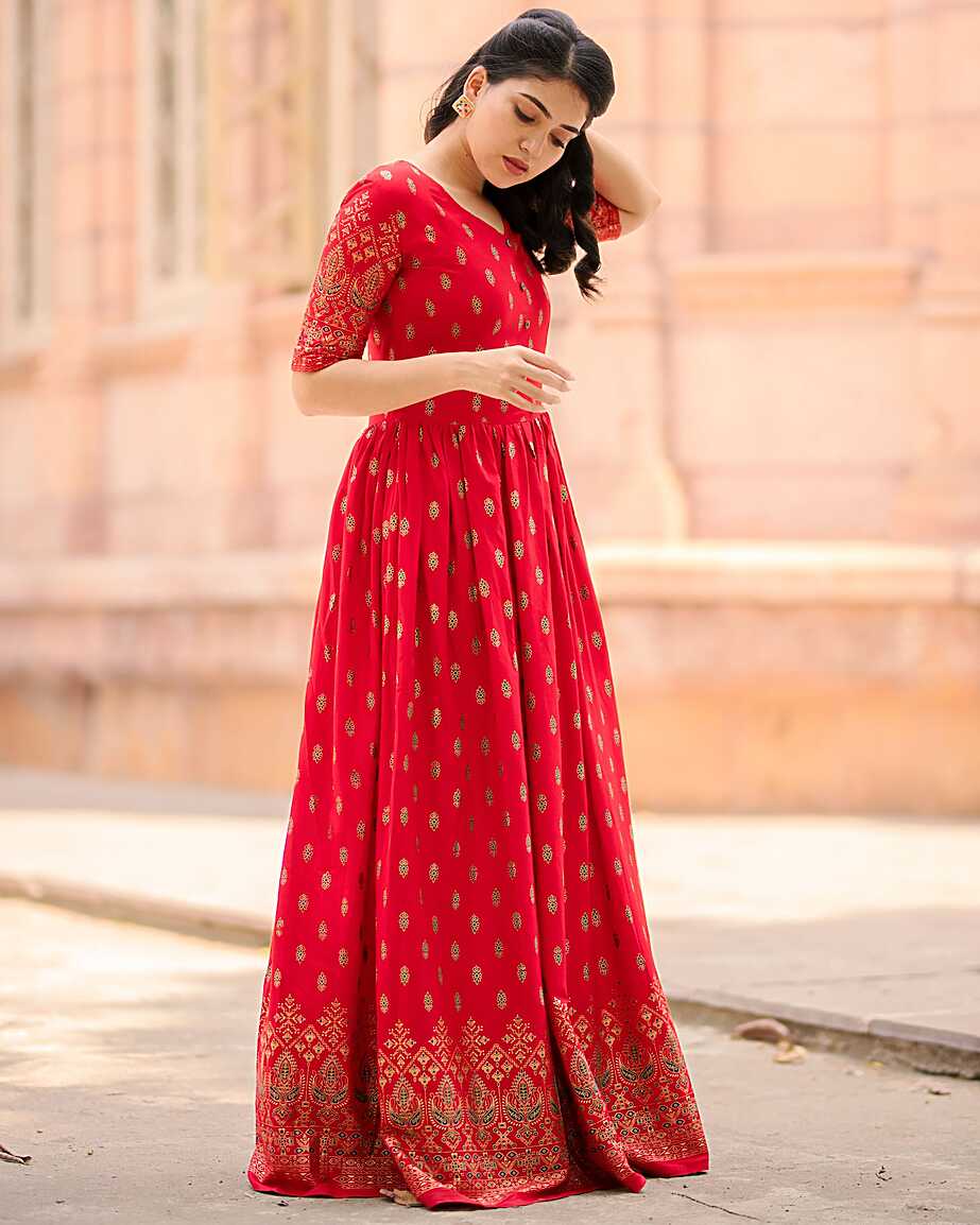 Red printed fit and flare long dress by The Anarkali Shop | The ...