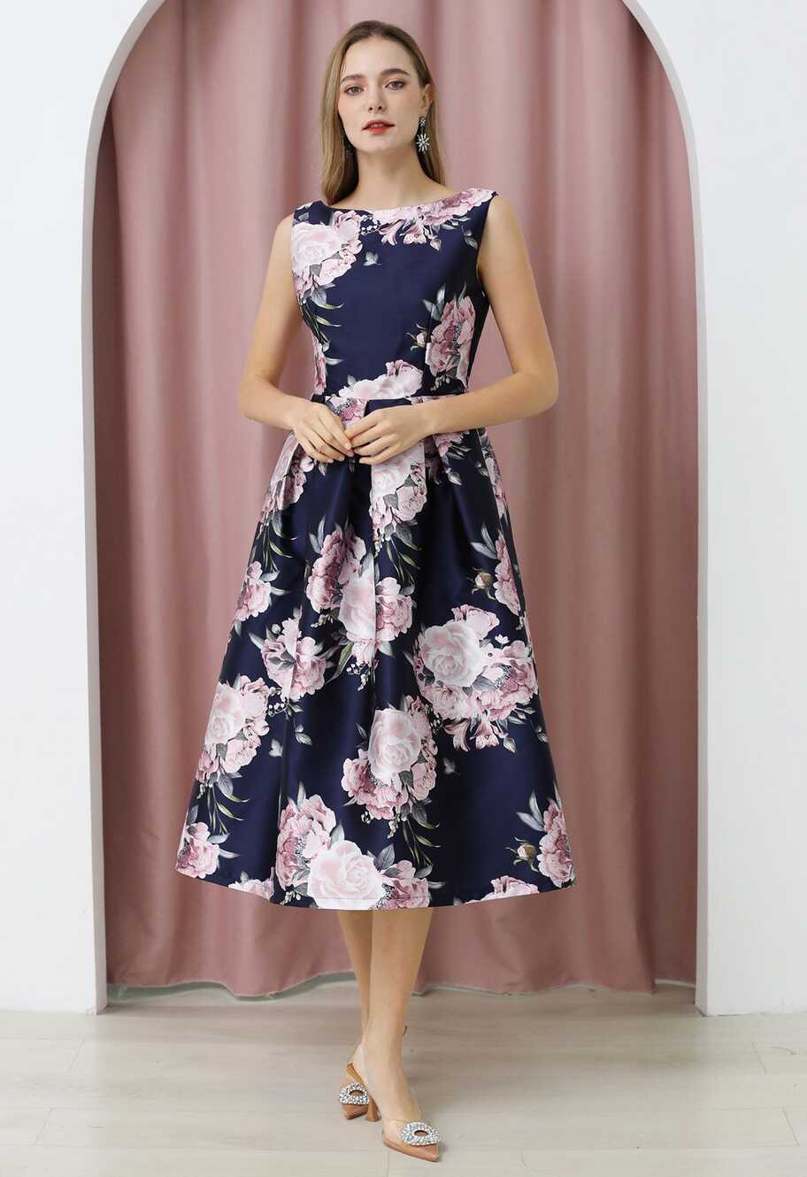 Refined Floral Sleeveless Midi Dress - Retro, Indie and Unique Fashion