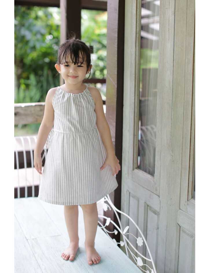 Renie Stripe Cotton Kids Dress, Grey