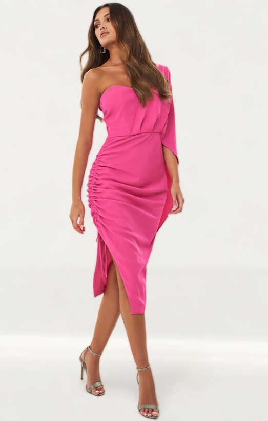 Rent Lavish Alice Bright Pink Ruched Side Cape Midi Dress | Hirestreet