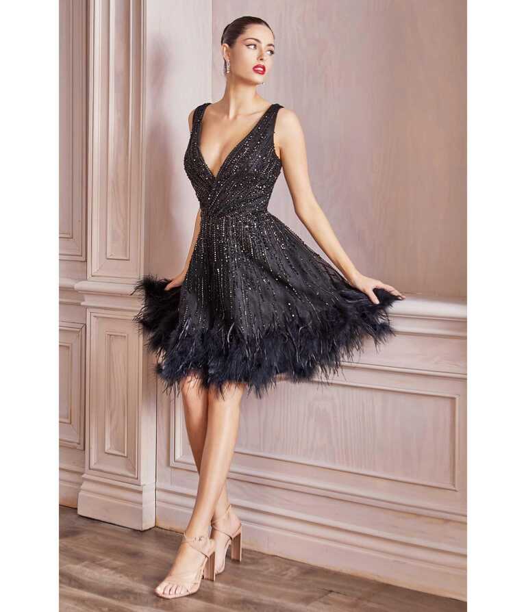 Retro &amp; Vintage Black Rhinestone &amp; Feather Hem Prom Cocktail Dress ...