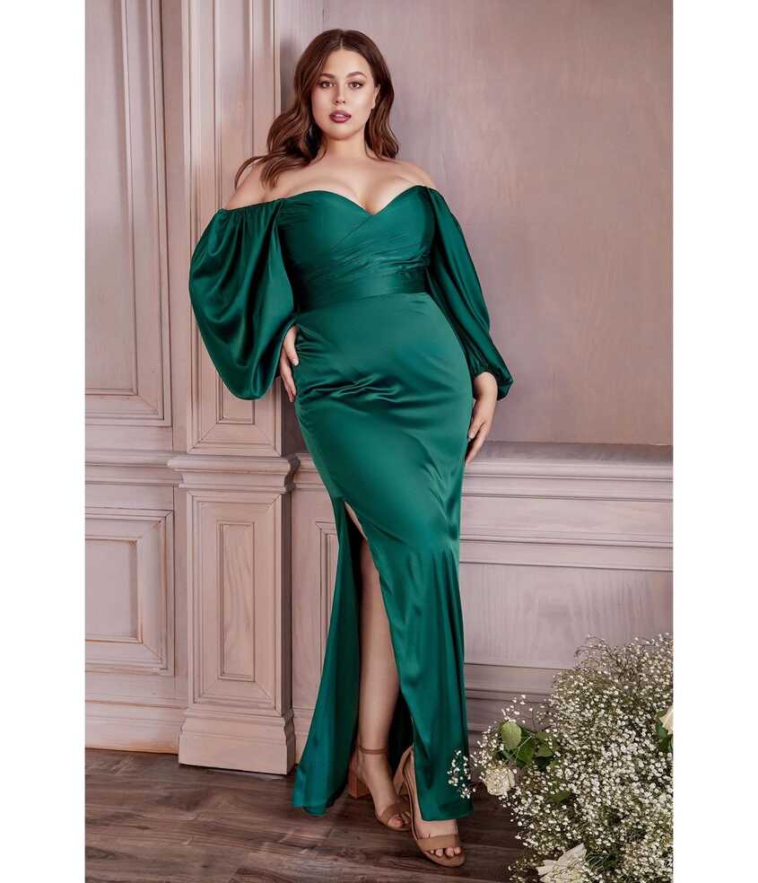 Retro &amp; Vintage Plus Size Emerald Satin Long Sleeve Bridesmaid ...