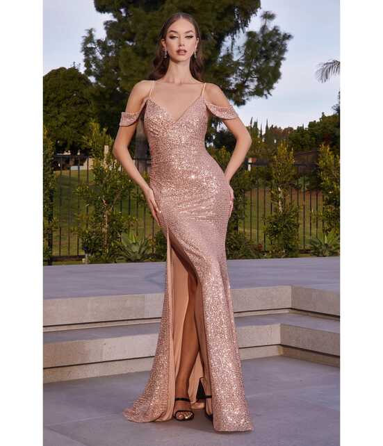 Retro &amp; Vintage Rose Gold Sequin Cold Shoulder Bridesmaid Gown ...