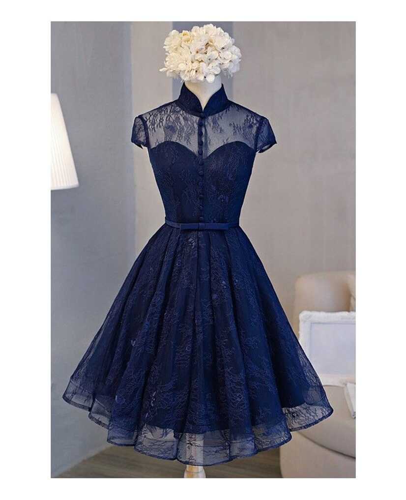 Retro A-line High Neck Knee-length Homecoming Dress With Lace