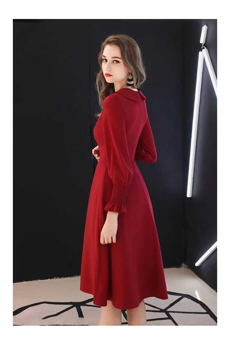 Retro Burgundy Knee Length Party Dress With Long Sleeves Bow Knot ...