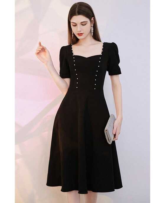 Retro Knee Length Black Chic Semi Party Dress with Short Sleeves ...