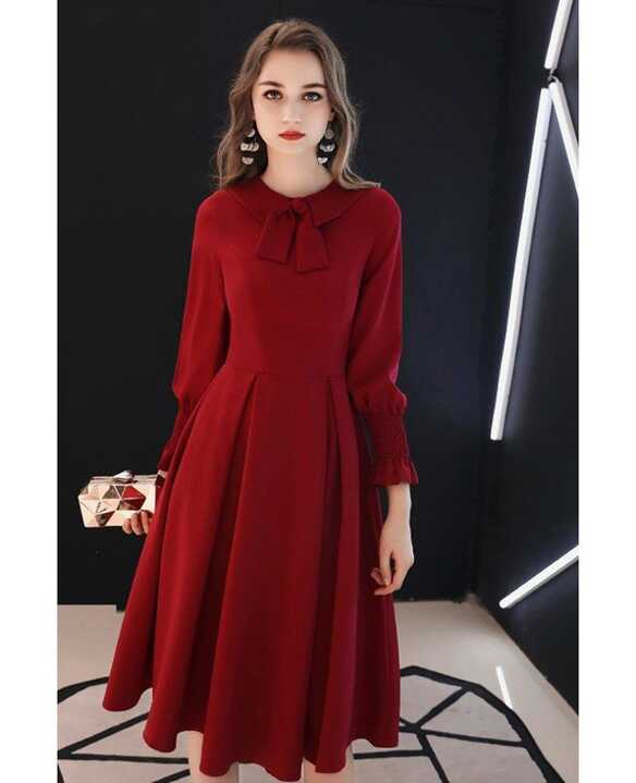 Retro Knee Length Burgundy Party Dress With Long Sleeves Bow ...