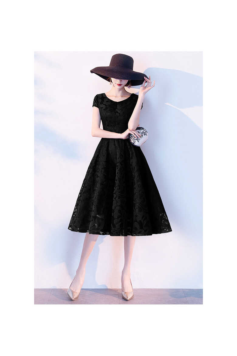 Retro Lace Tea Length Semi Formal Dress With Cap Sleeves - $69.48 ...