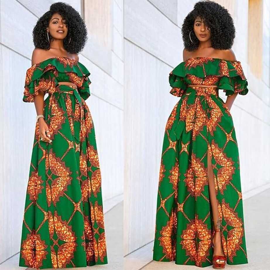 Retro Off Shoulder Print Slits Long Dress