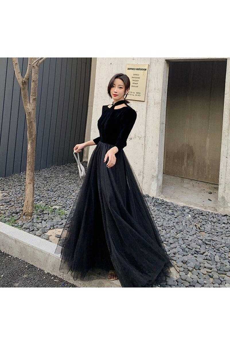 Retro Simple Long Black Tulle With Velvet Party Dress Long Sleeves