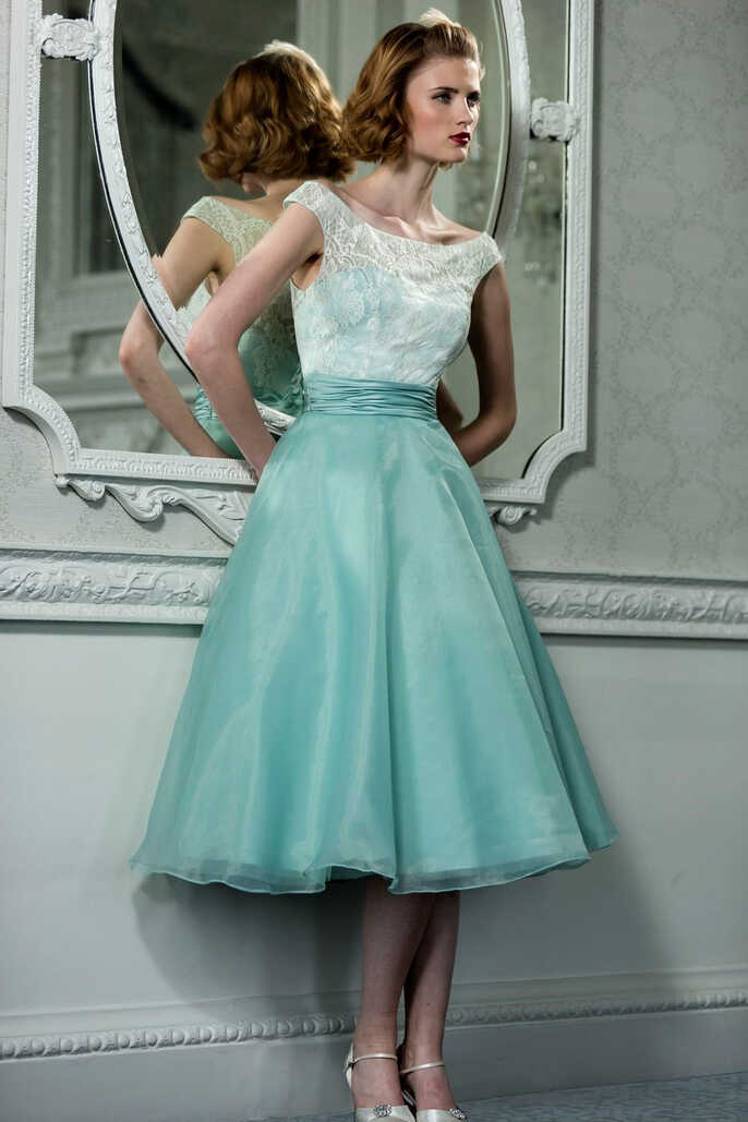 Retro Vintage Style Lace Organza Tea Length Wedding Prom Formal Dress