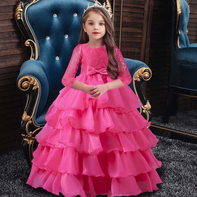 Rewenti Kids Dress Girls Middle Sleeve Princess Dress Bow Tie Lace ...