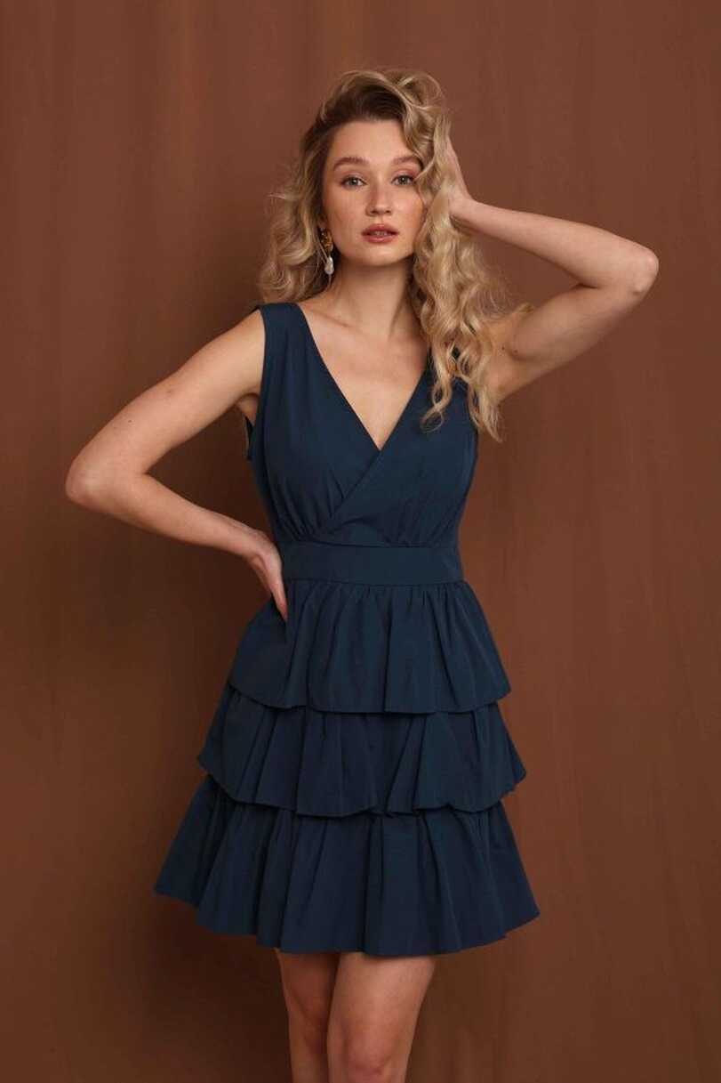 Reyon Layered Ruffle Dress Indigo - Trendyol