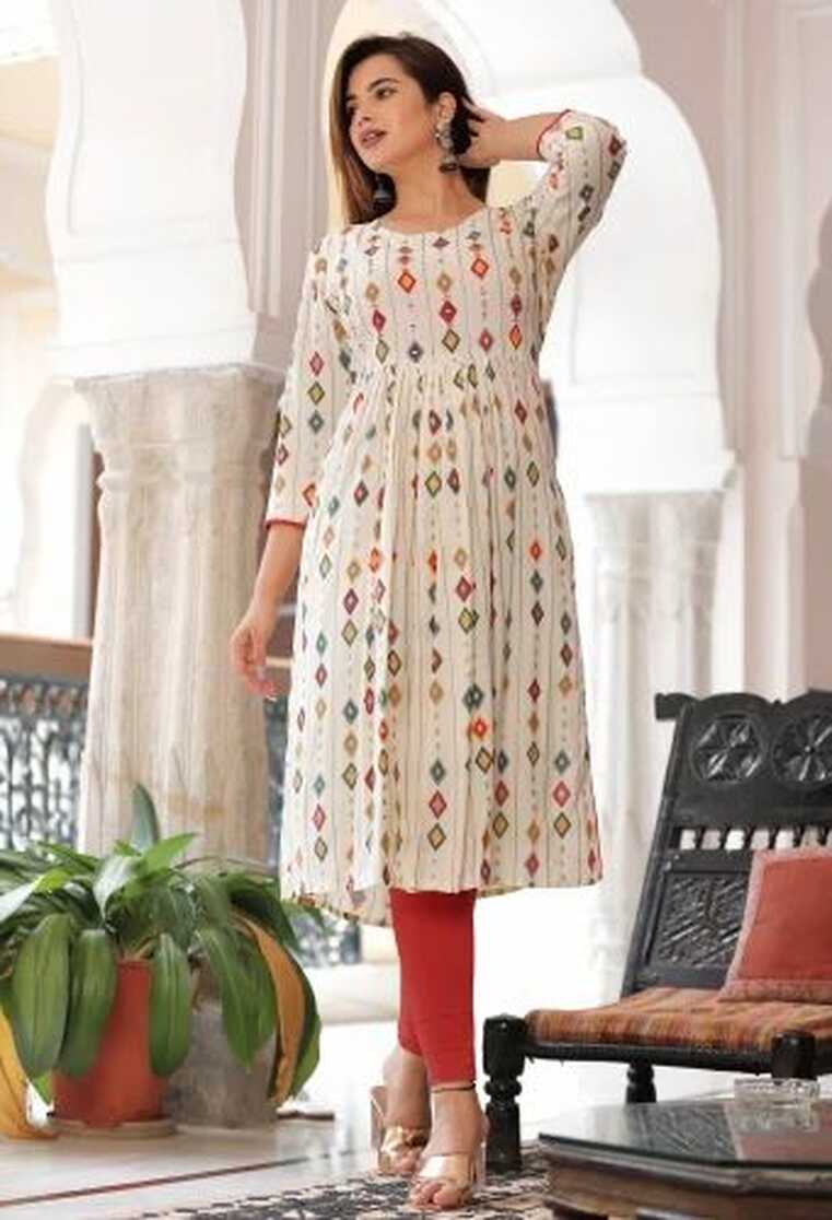 Reyon Off White Latest Nayara Cut Women Printed Kurti, Size: M TO ...