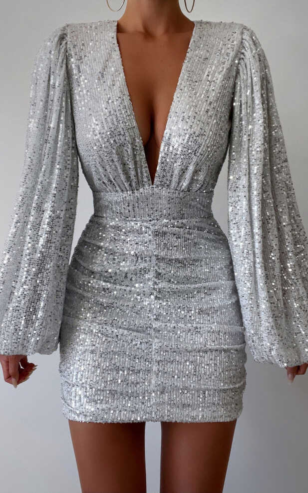 Rhylee Mini Dress - Long Sleeve Ruched Dress in Silver Sequin ...