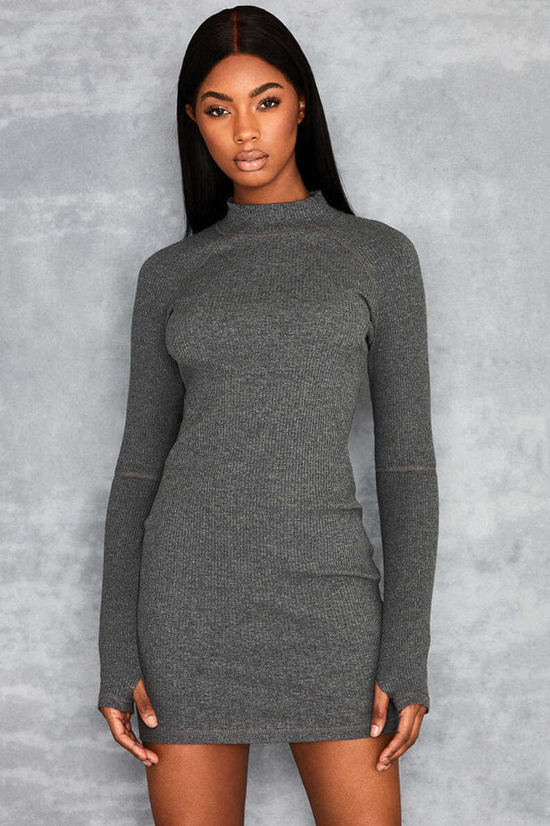 Ribbed High Neck Cut Out Long Sleeve Bodycon Mini Dress -Gray ...