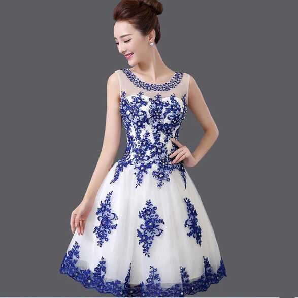 Robe de soiree 2024 short Lace up U collar Blue &amp; white porcelain ...