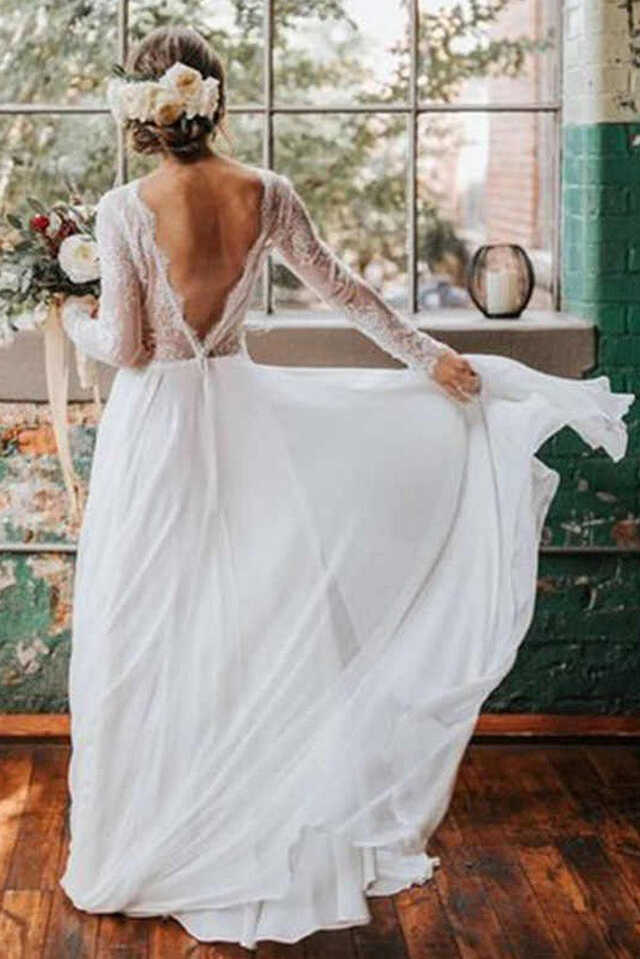 Romantic Boho Long Sleeve Beach Lace Backless Wedding Dress,MW294 ...