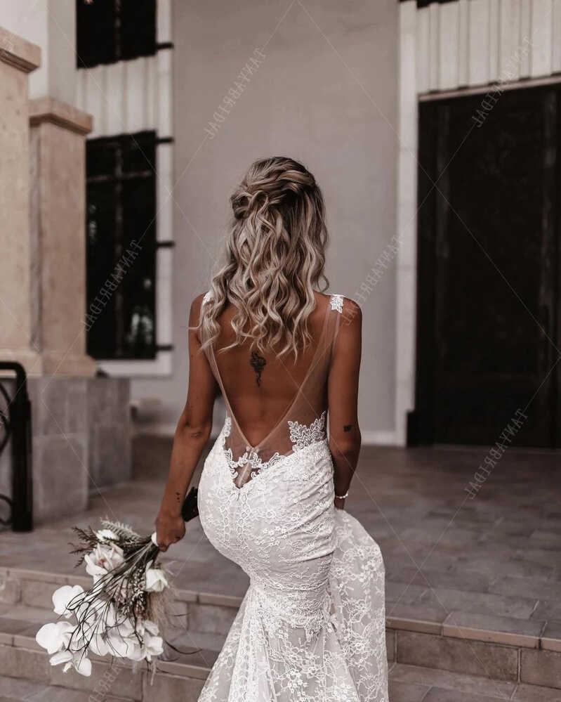 Romantic Lace Wedding Dresses Mermaid Backless Charming Noivas ...